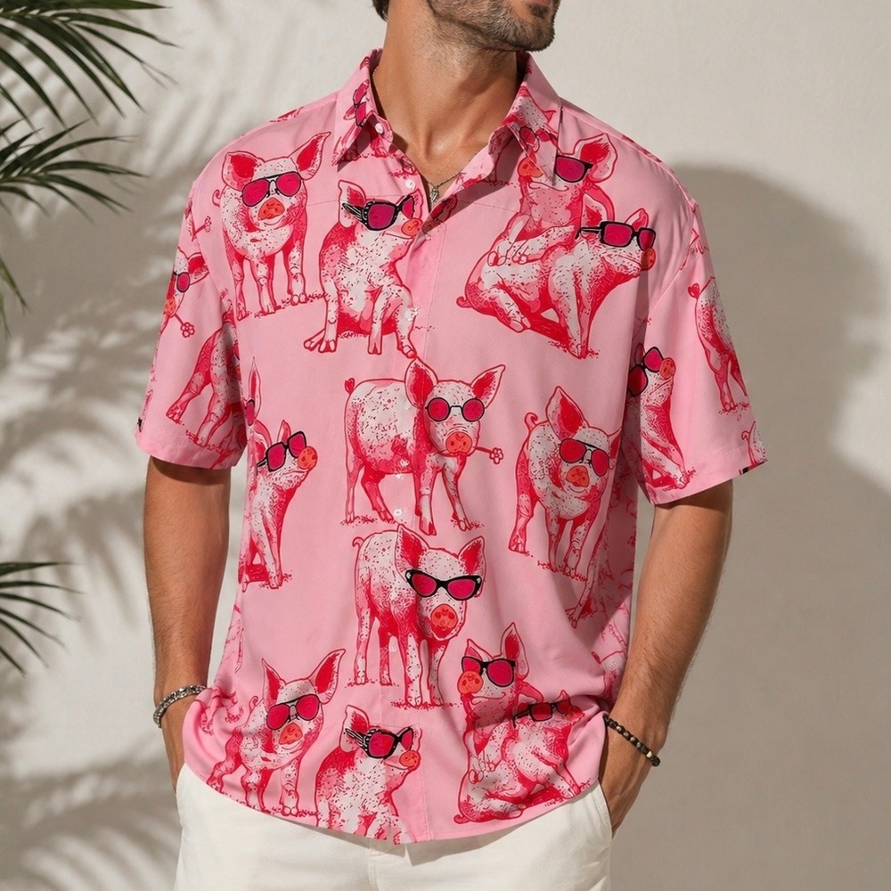 HARDADDY Pink Pig Sunglasses Button Up Shirt XXL Funny Novelty Hawaiian Camp